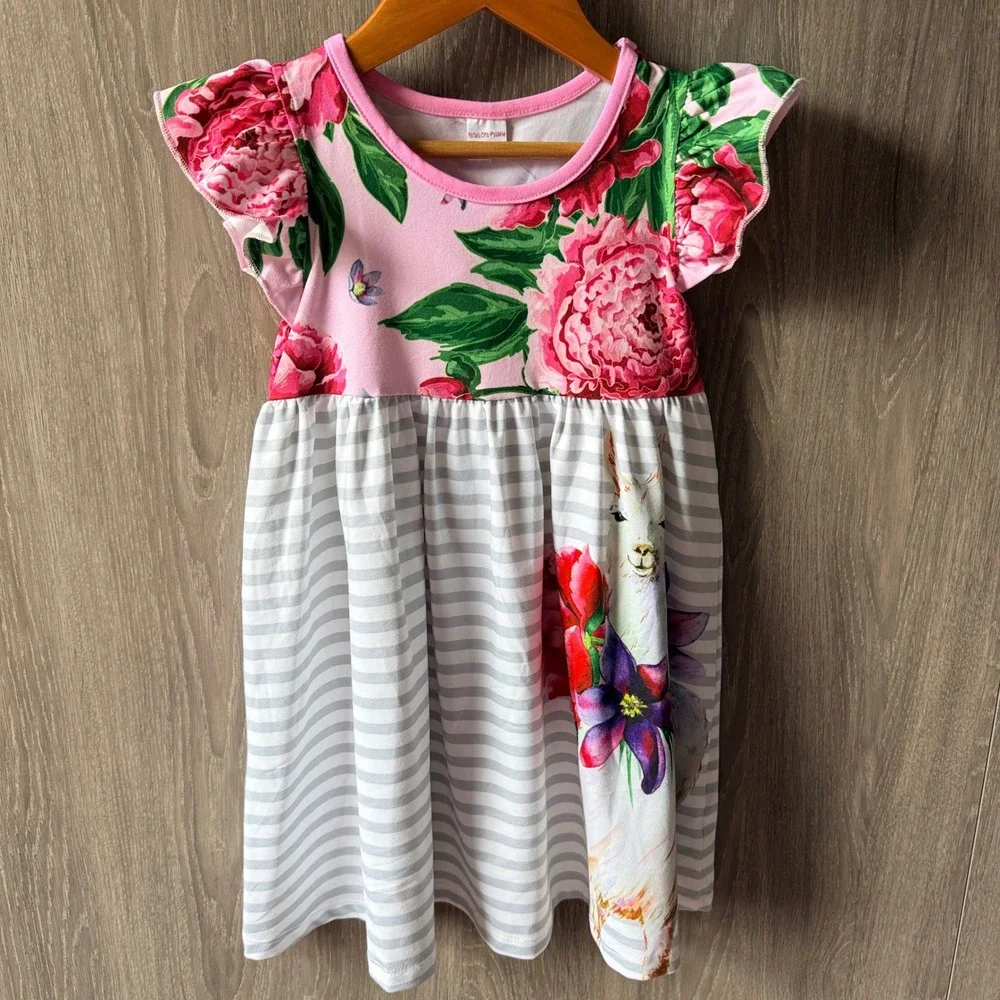 Penelope Plumm Llama Floral Striped Dress Girls 4 Pink Grey Flutter Sleeve NWT